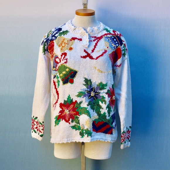 Vintage Sweaters - Vintage Bell & Poinsettia Ugly Christmas Sweater M